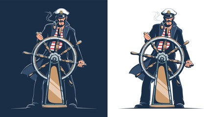 Captain of the ship. Sailor in captain uniform at the helm of the ship. Vector illustration. - obrazy, fototapety, plakaty