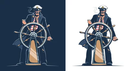 Muurstickers Captain of the ship. Sailor in captain uniform at the helm of the ship. Vector illustration. © Agor2012