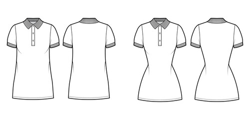 Naklejka premium Set of Dresses polo fashion illustration with short sleeves, oversized fitted body, mini length pencil skirt, henley neckline. Flat apparel front, back, white color style. Women, men unisex CAD mockup