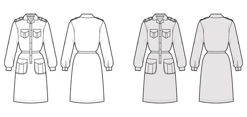 Dress safari technical fashion illustration with long sleeves with cuff, flap cargo pockets, fitted body, knee length. Flat apparel front, back, white, grey color style. Women, men unisex CAD mockup