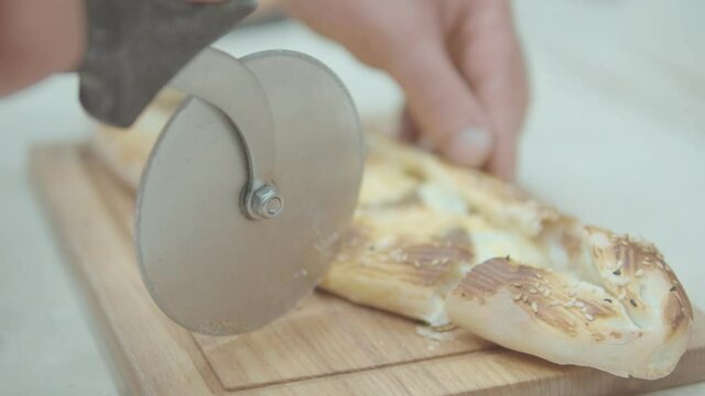 Chef Cuts Delicious Khachapuri with Sucuk To Pieces. Lebanon food
