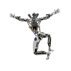 super robot is giving a happy jump rear jump