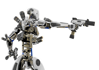 super robot is holding two pistols rear view