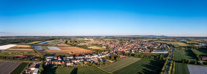 Drone image of village Graefenhausen near Darmstadt in evening light