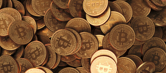 Bitcoin Crypto currency coins background. BTC Gold bitcoin Bit Coins bitcoins. Bitcoins mining concept, Blockchain money technology. 3d illustration. - obrazy, fototapety, plakaty