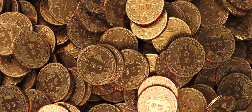 Bitcoin Crypto currency coins background. BTC Gold bitcoin Bit Coins bitcoins. Bitcoins mining concept, Blockchain money technology. 3d illustration.