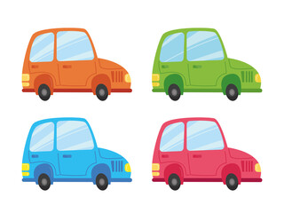 Set of multi-colored cars. Green car, blue, pink and orange. Transport Vector illustration in cartoon children s style. Isolated funny clipart on a white background. Cute print