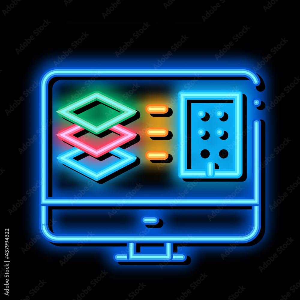Poster computer simulation of building neon light sign vector. glowing bright icon computer simulation of b