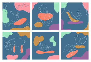 Abstract line animal drawing with various doodles shape