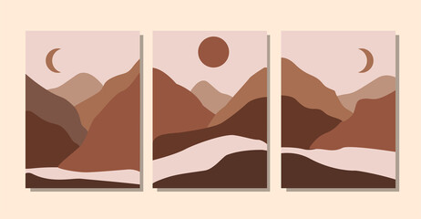 Set of abstract landscape posters. Aesthetic background landscape with mountains. Arth tones, burnt orange, terracotta colors, pastel. Modern minimalist art print. Boho wall decor.