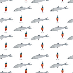 Watercolor seamless pattern with fish illustrations. Pattern for kids. 