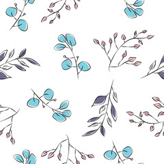 Herbal colored seamless pattern. Lines silhouettes of different herbs and grasses. Vector background with delicate leaves.