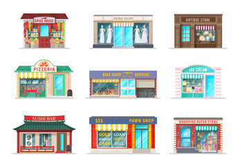 City street shops cartoon buildings. Vector spice house, bridal salon and pizzeria cafe, antique store, bike service and ice cream gelateria, sushi bar, pawn shop and wrapping paper store facade