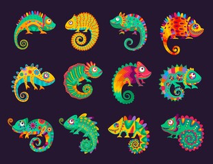 Cartoon mexican chameleons, vector lizards with ornate colorful skin, long curvy tail, tongue and telescopic eyes. Wild animal, pet, exotic tropical reptile for Cinco de Mayo or Dia de Los Muertos © Vector Tradition