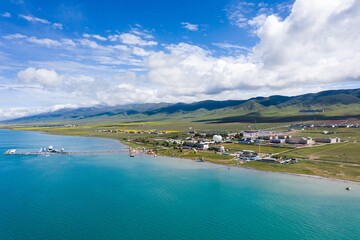Beautiful scenery of Qinghai Lake in China. This photo is taken with a drone flying in the air.