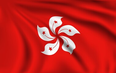 Hong Kong flag. Realistic vector wrinkles or creases, Hong Kong emblem with bauhinia white flower and stars on red background. Chinese special administrative region flag