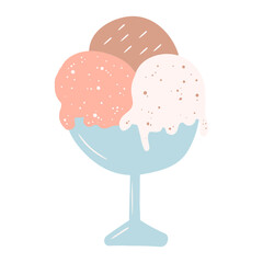 Hand drawn vector doodle illustration three ice-cream brown, pink and white color with sprinkles on the top in bowl isolated on white background. Chocolate, strawberry and vanilla flavors pastel.