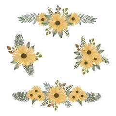 Arrangement watercolor of sunflower frame for greeting and wedding invitation. vector design