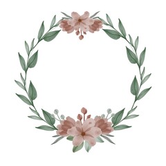 Brown wreath. Arrangement watercolor of brown flowers and green leaf for greeting and wedding invitation