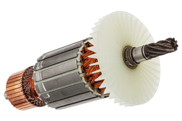 Rotor or of anchor electric motor closeup, isolated on white background