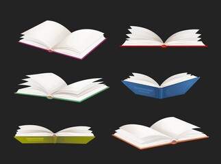 Bestseller books, school textbooks vector set. Cartoon open dictionaries, literature novels, fairytales or verses in books with colorful covers and white pages. Isolated objects on black background