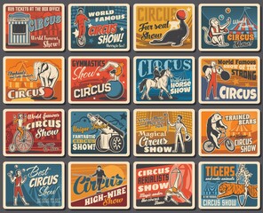 Circus show performers and animals retro banners. Animal tamer, clown on bicycle and strongman, human cannonball, magician and aerial acrobats, elephant, monkey and horse, tiger, bear and seal © Vector Tradition