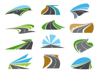 Freeway, highway road icons with roadsides and guardrails. Winding driveway, winding motorway or coastal speed road. Road trip, transportation and logistics industry emblems - obrazy, fototapety, plakaty