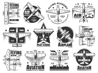 Flying academy or pilot school icons set. Air travel, airplane show and aviation courses training program emblem or badge. Historical biplane and monoplane, retro propeller airplanes vector - obrazy, fototapety, plakaty