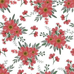 Seamless pattern of red flowers bouquet for fabric