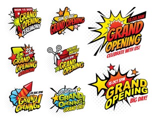 Fototapeta premium Grand opening halftone comic bubble vector icons. Pop art speech and explosion bubbles with boom clouds, bomb burst stars and firework rocket, ribbon and scissors, promotion event invitation design