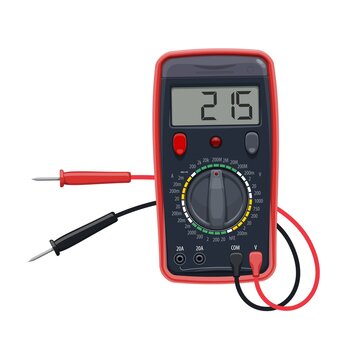 Cartoon multimeter electrical equipment, vector test of voltage, resistance and current. Digital multi tester, voltmeter, ammeter, ohmmeter measurement instrument, electrician or engineer work tool