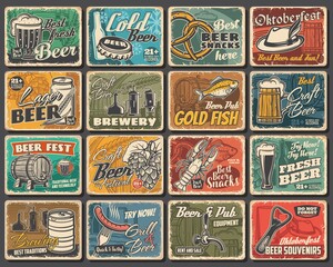 Craft beer festival, brewery and snacks tin signs. Beer brewing and pub equipment grunge vector metal plates, retro signs with tankard, smoked fish, lobster and pretzel, hop, barley and alpine hat