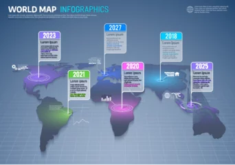 Foto op Canvas World map infographics, international business and global data vector background. Earth continents with color grades, timeline and information flag tags or marks. World indexes geography infographics © Vector Tradition