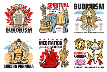 Buddhism religion icons, Buddha Purnima and meditation courses emblems. Kalachakra symbol, elephant and bell, meditating Buddha and Buddhism monk, Kila ritual knife, conch shell and two golden fishes