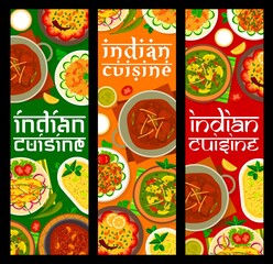 Indian cuisine restaurant food banners. Yogurt dessert Shrikhand, lamb meatballs Gushtaba and chicken with spinach Palak Murgh, lemon rice, lamb curry and mushroom Bhuna, fried peppers Chilli Bajji