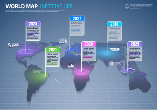 Fototapeta World map infographics, international business and global data vector background. Earth continents with color grades, timeline and information flag tags or marks. World indexes geography infographics