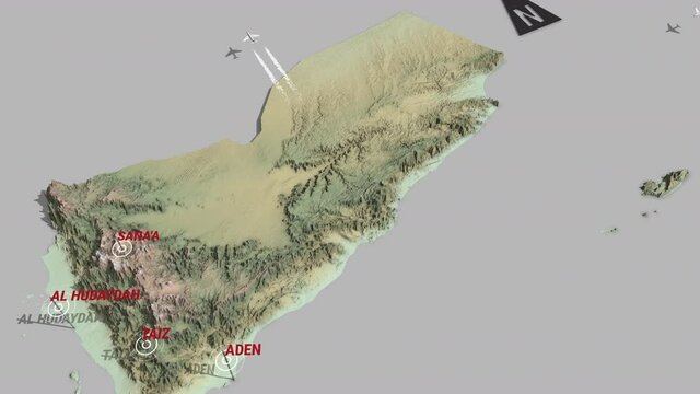Seamless looping animation of the 3d terrain map of Yemen with the capital and the biggest cites in 4K resolution