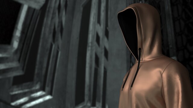 Anonymous hacker with blown leather hoodie in shadow under spaceship inside background. Dangerous criminal concept image. 3D CG. 3D illustration. 3D high quality rendering.