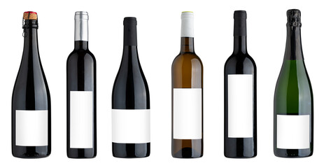 A group of six different glass bottles over a white background
