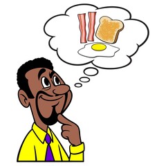 Man thinking about Breakfast - A cartoon illustration of a man thinking about a hot morning Breakfast.