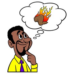 Man thinking about Hot Wings - A cartoon illustration of a man thinking about having Hot Wings for Dinner.