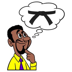 Man thinking about Karate - A cartoon illustration of a man thinking about getting his black belt in Karate.
