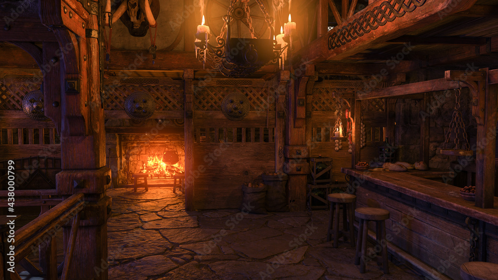 Poster 3d rendering of the interior of a medieval tavern bar lit by candlelight and burning fire.