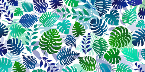 Background with exotic jungle plants. Tropical palm leaves. Rainforest illustration, multicolored on white.