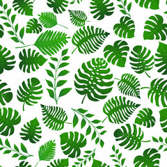 Naklejka premium Seamless pattern with exotic jungle plants. Tropical palm leaves. Rainforest illustration, in green colors.