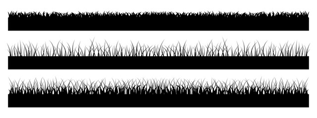 Set of horizontal banners of meadow silhouettes with grass. Simple flat collection of black silhouettes with grass. Vector illustration.