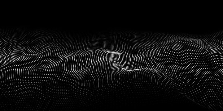 Wave 3d. Wave of particles. Dynamic wave on black background. Futuristic point wave. Design for poster. Technology vector background. Vector illustration.