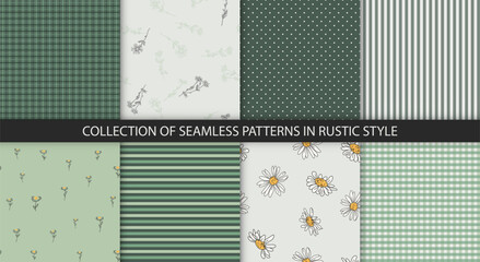 Collection of 8 pattern in rustic style. Plaid, dots, strips and daisy textures in green and white colors. - 438001576