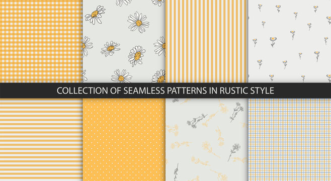 Set of 8 pattern in rustic style. Plaid, dots, strips and daisy textures in yellow and white colors.
