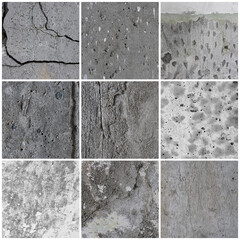 Texture set of old cracked concrete walls. Rough gray concrete surfaces. Backgrounds collection for design.